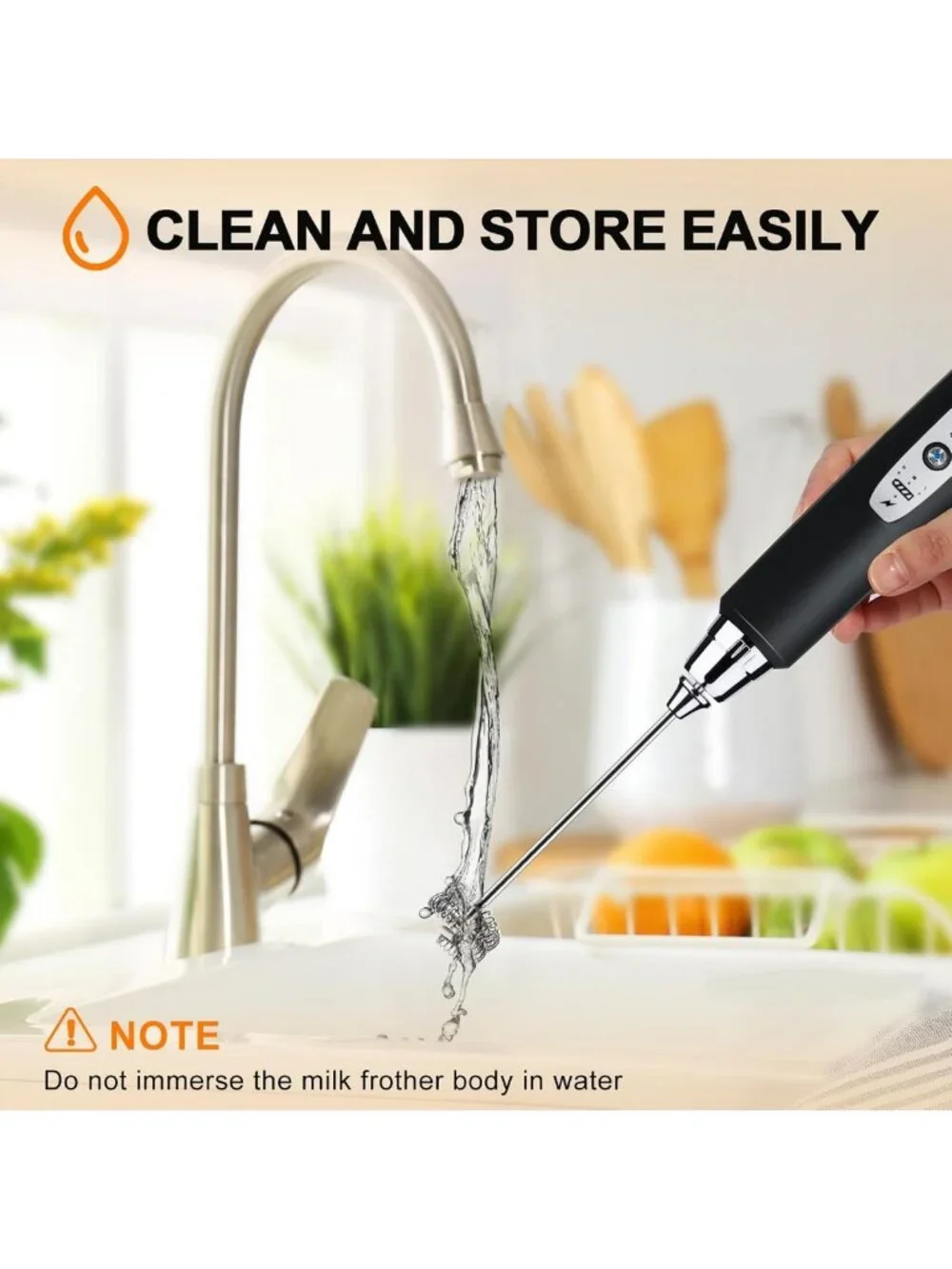 Rechargeable Black Handheld Milk Frother Wand - 3 Speeds, 3 Heads for Coffee